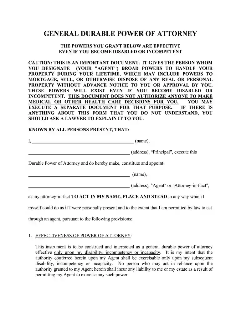Virginia General Durable Power of Attorney for Property and Finances or Financial Effective upon Dis Preview on Page 1