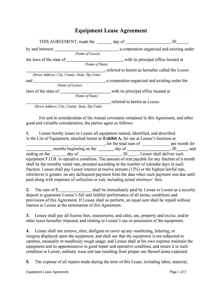machinery lease agreement Preview on Page 1