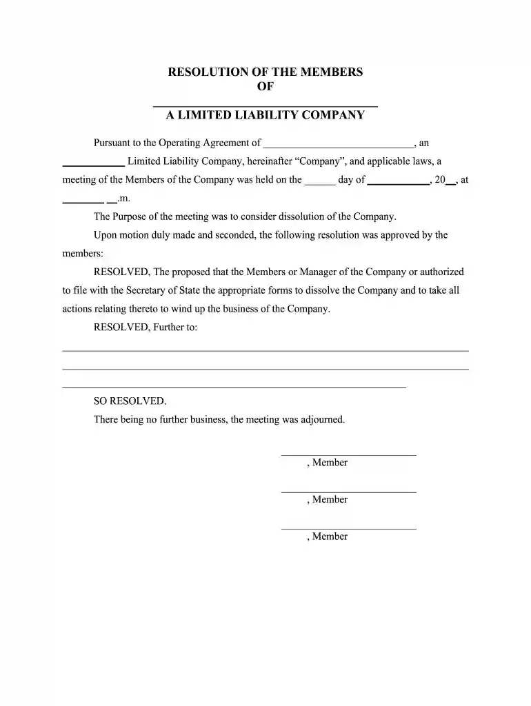 resolution to dissolve llc Preview on Page 1