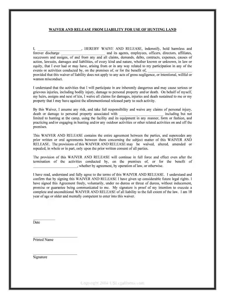 hunting waiver and release template Preview on Page 1
