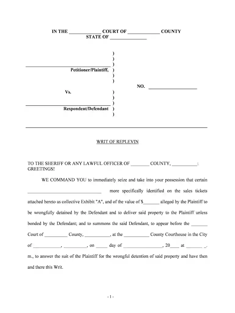 writ of replevin example Preview on Page 1