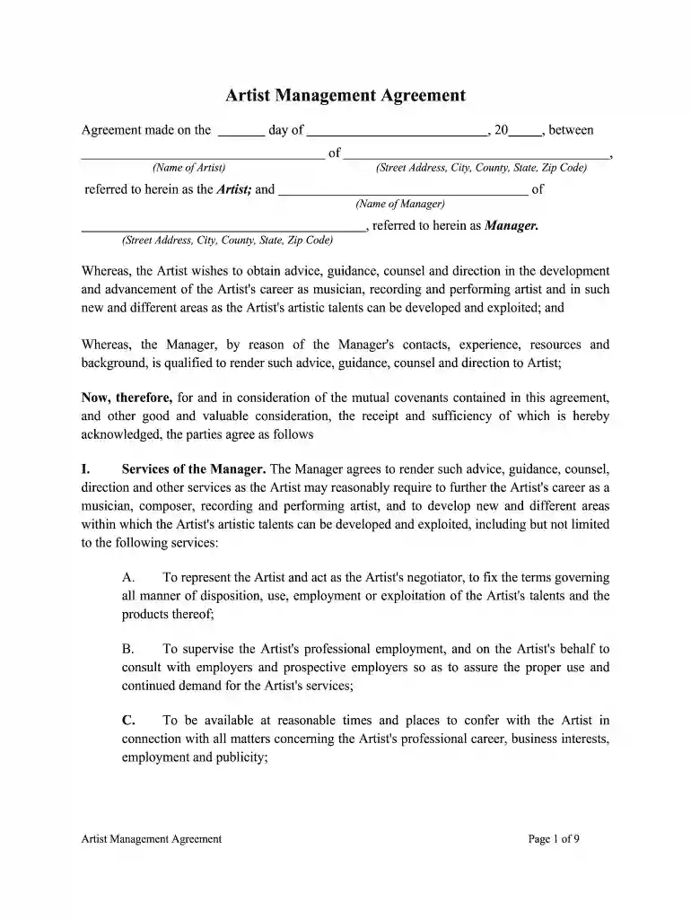 artist contract template Preview on Page 1
