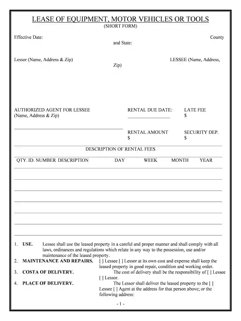 equipment lease form Preview on Page 1