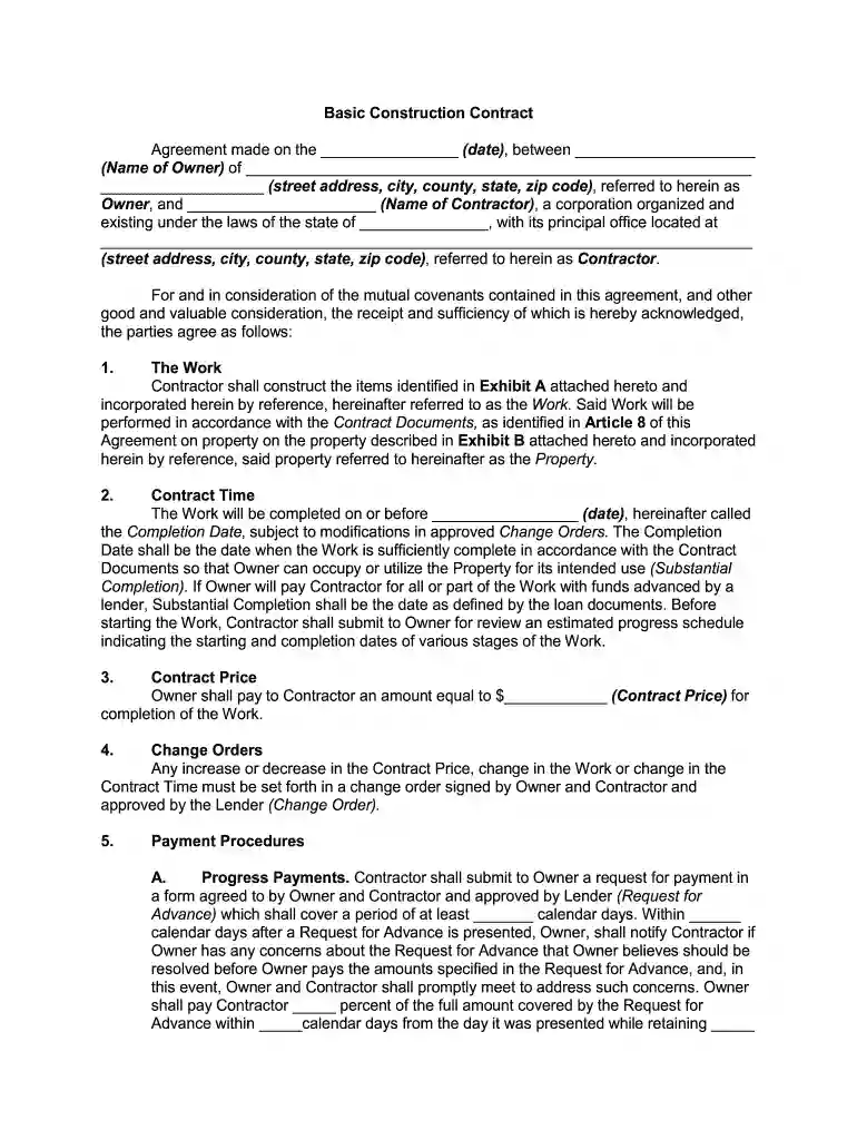 basic construction contract template Preview on Page 1