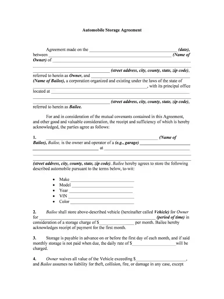printable simple storage agreement Preview on Page 1