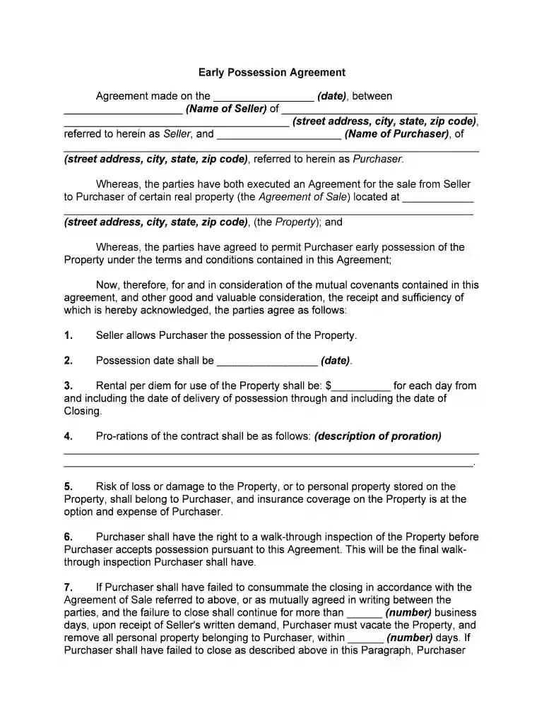 early possession agreement Preview on Page 1