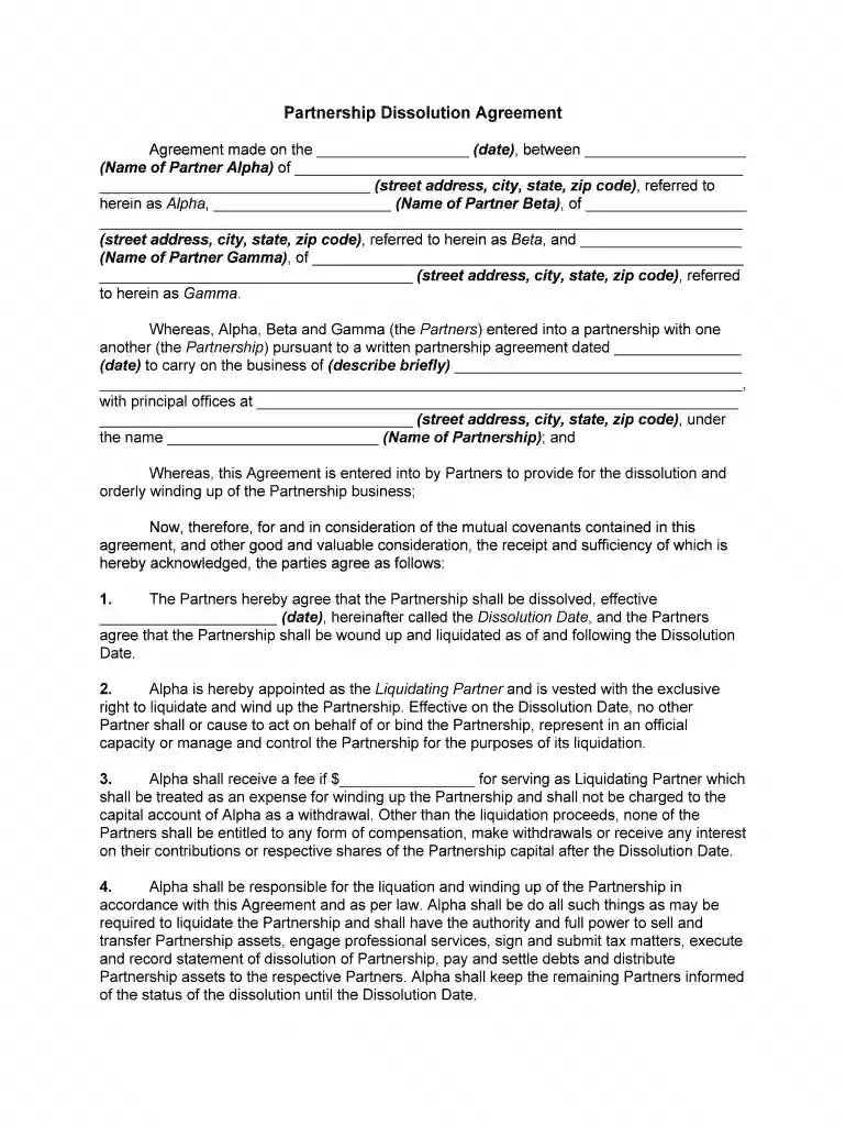 dissolation agreement form Preview on Page 1