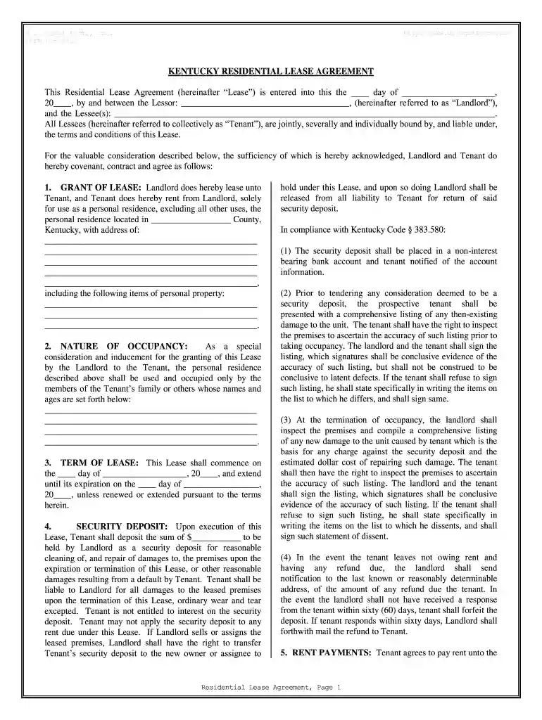 Kentucky Residential Rental Lease Agreement Preview on Page 1