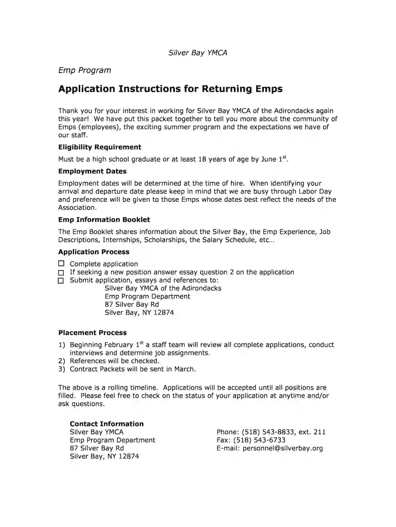 Silver Bay YMCA of the Adirondacks Emp Program Application Preview on Page 1