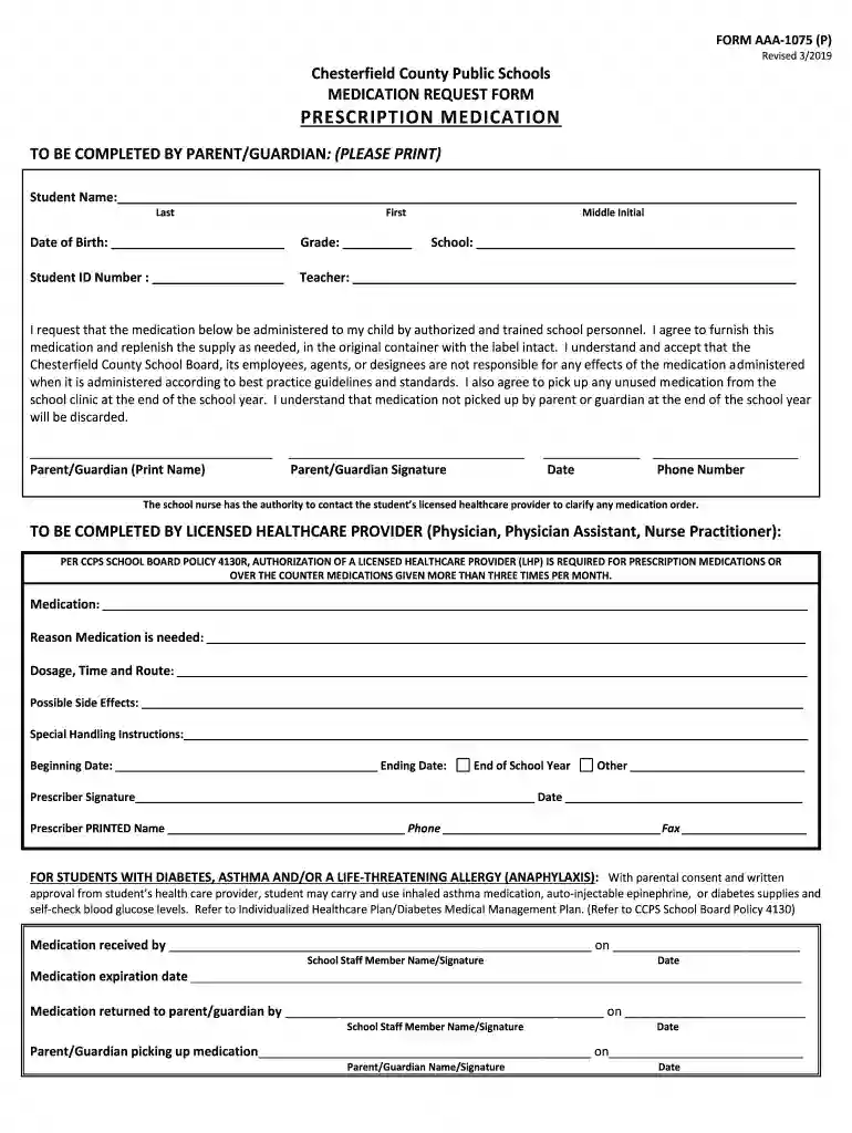 chesterfield county public schools medication form Preview on Page 1