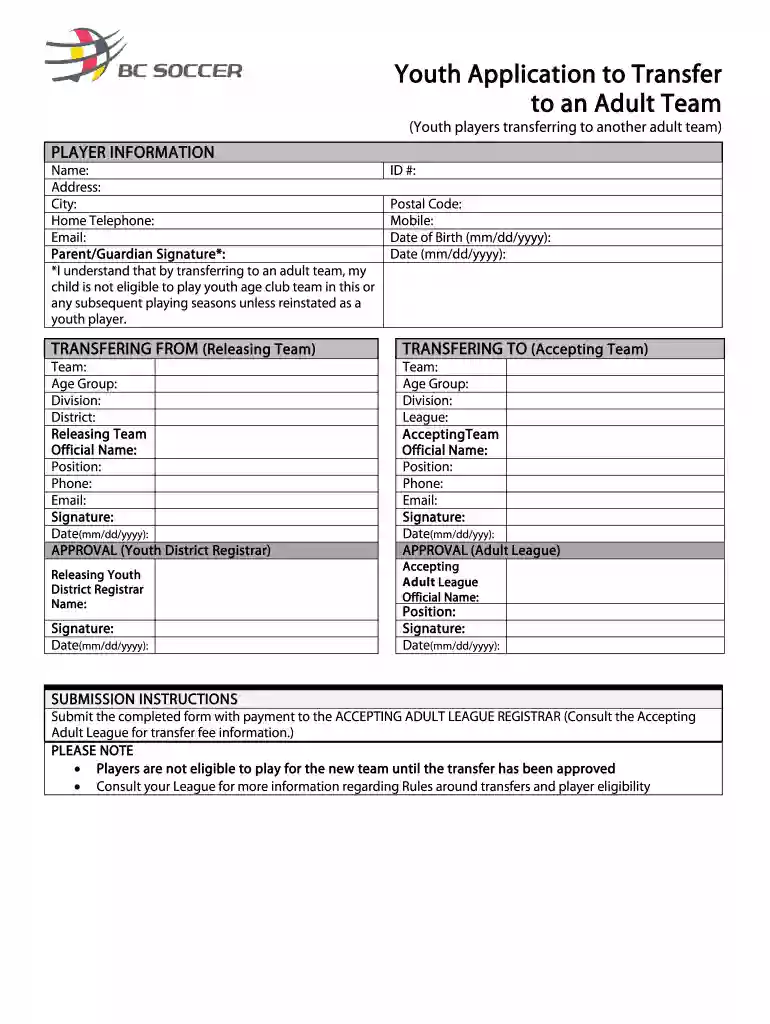 Youth Application to Transfer to an Adult Team - bcsoccer Preview on Page 1