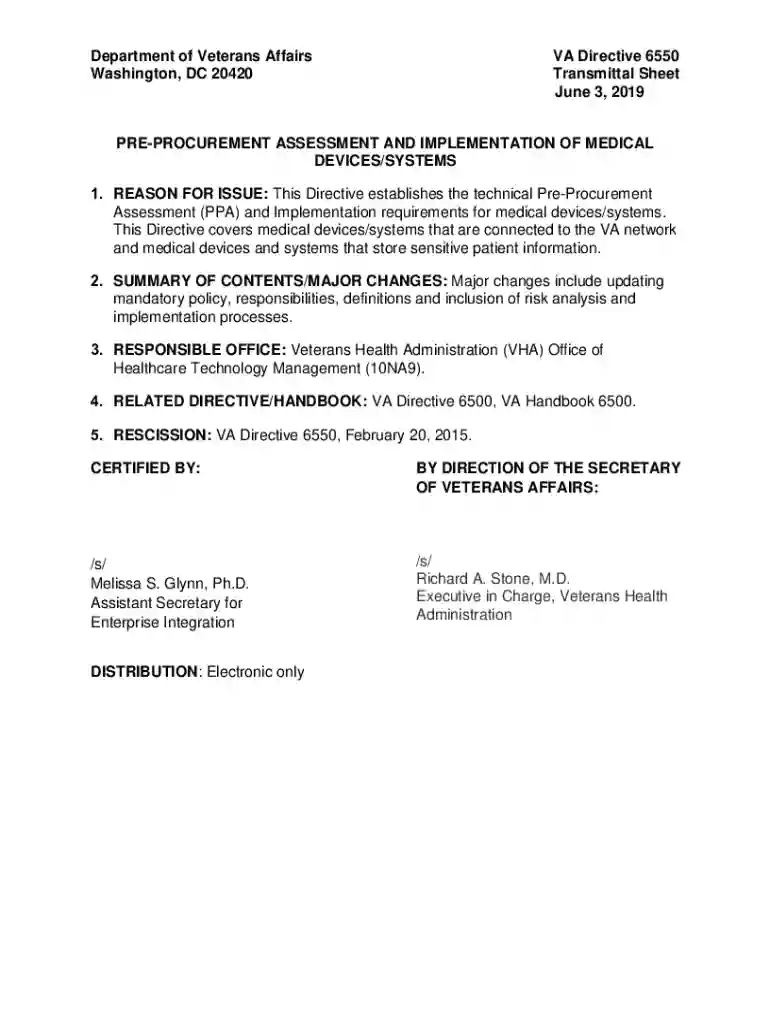 VA Directive 6550 Medical Device Assessment Preview on Page 1