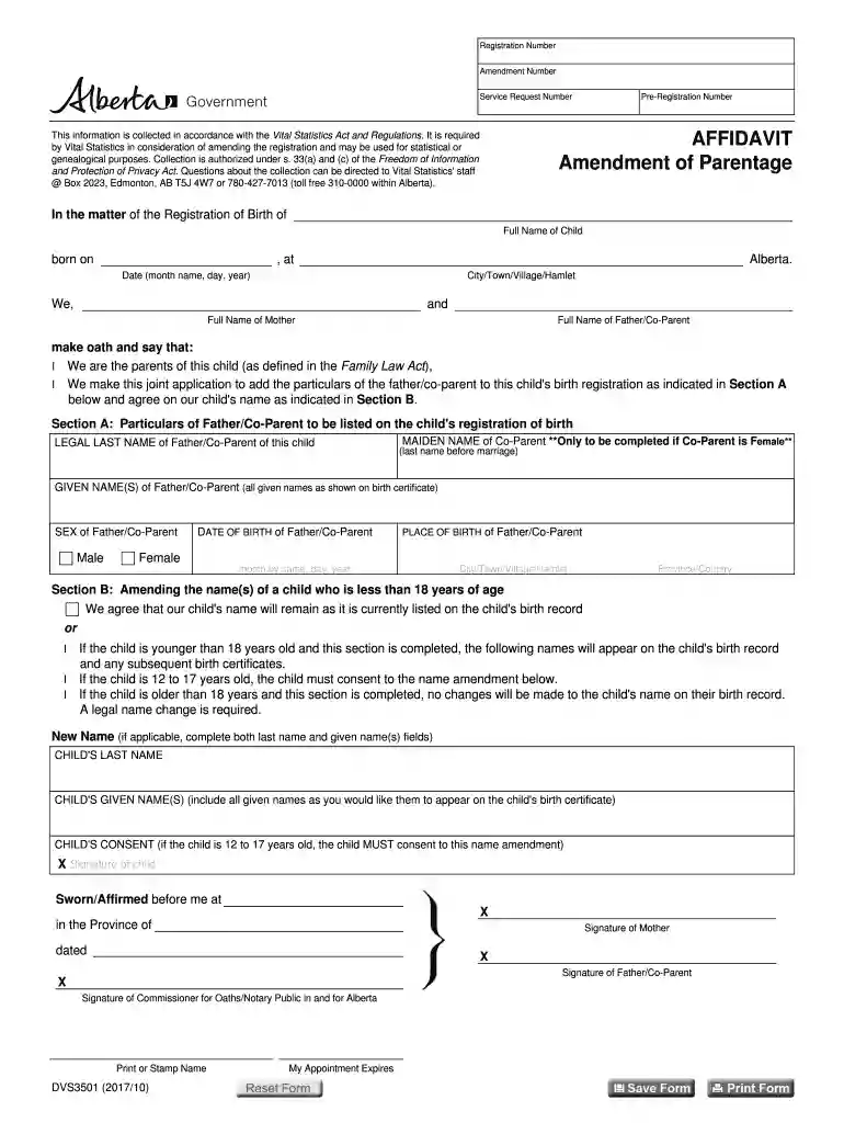 Affidavit - Amendment of Parentage This form is an affidavit amending the parentage for a child less Preview on Page 1