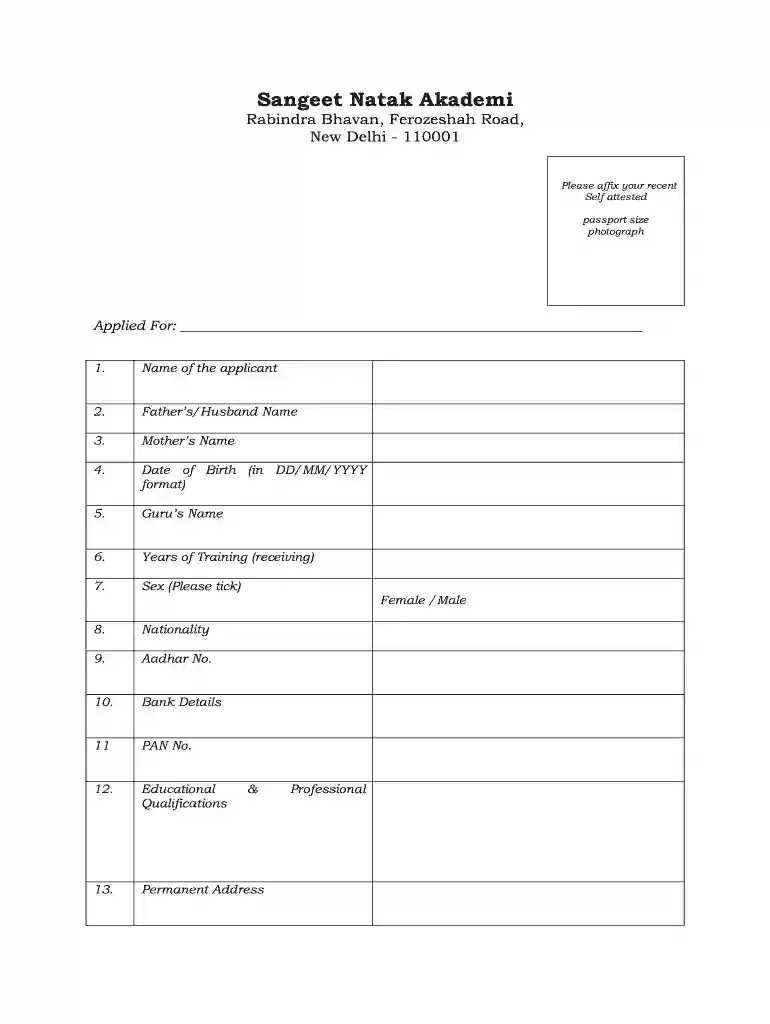 sangeet natak akademi application form Preview on Page 1