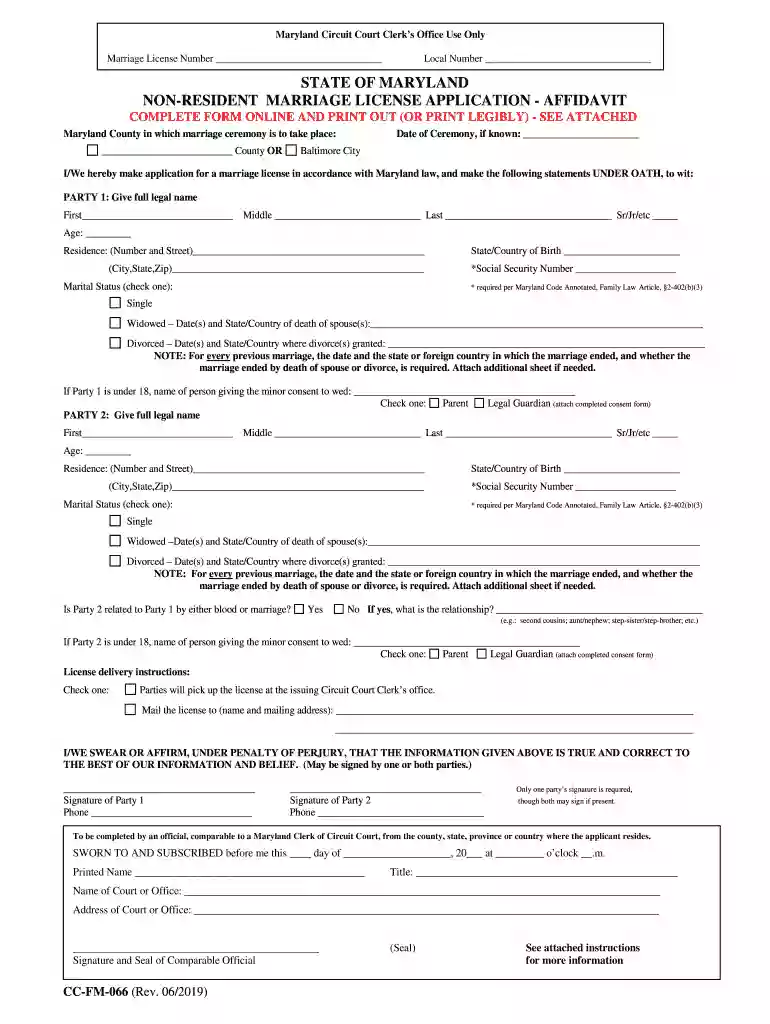 Non-Resident Marriage License Application-Affidavit - Maryland Courts Preview on Page 1