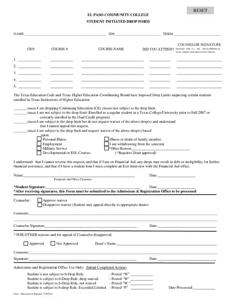 epcc student initiated drop form Preview on Page 1