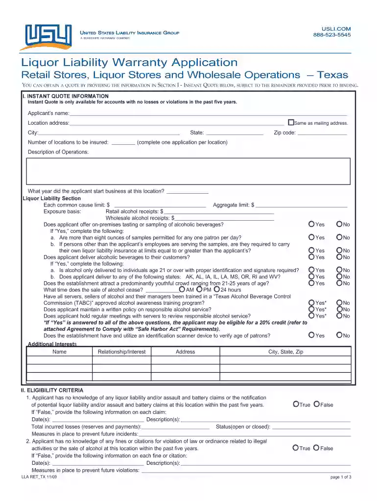 usli liquor liability application Preview on Page 1
