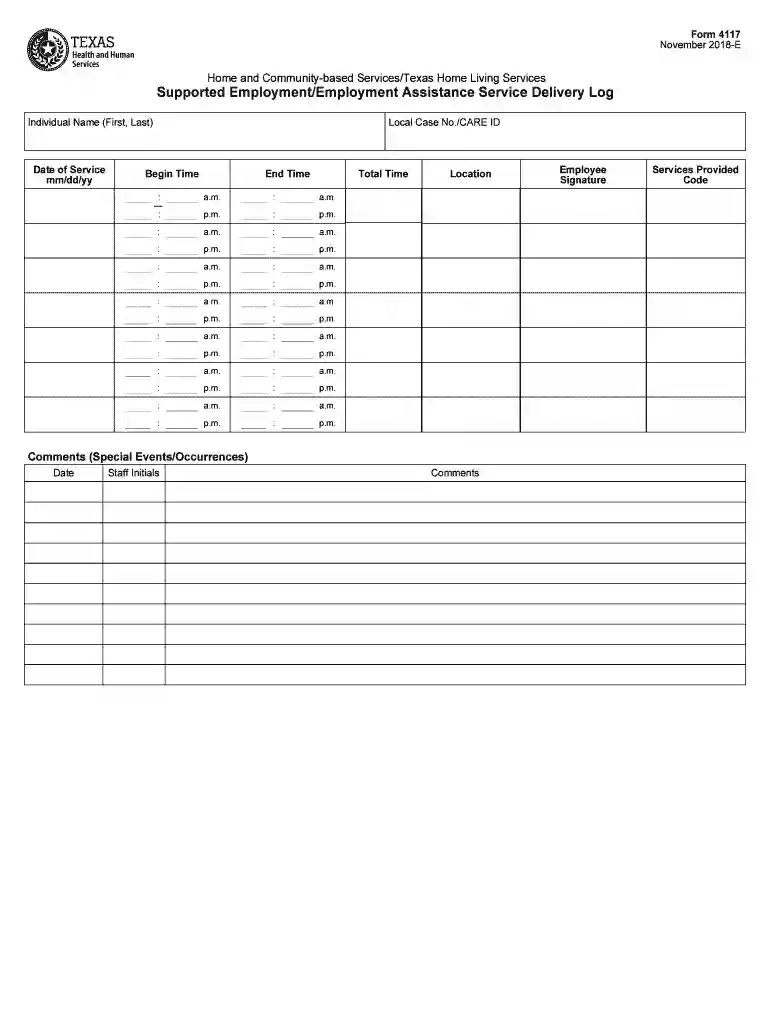 Supported Employment Employment Assistance Service Delivery Log Form 4117 Preview on Page 1