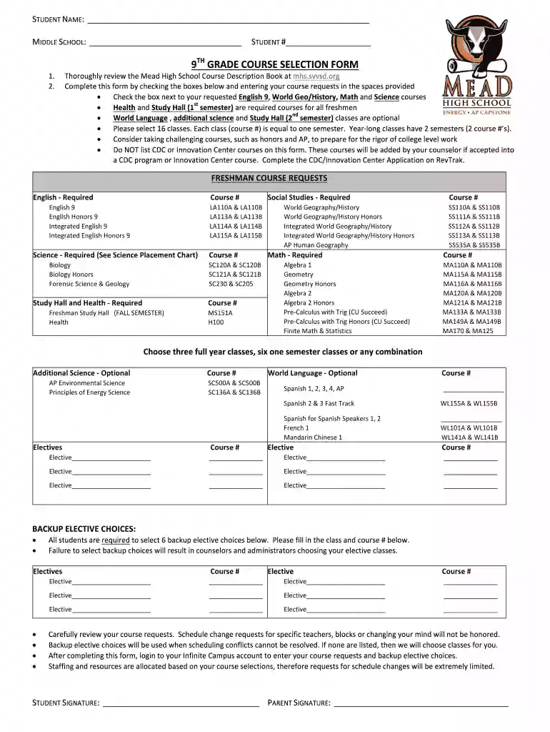 2019 9th Grade Course Selection Form - mhs svvsd Preview on Page 1