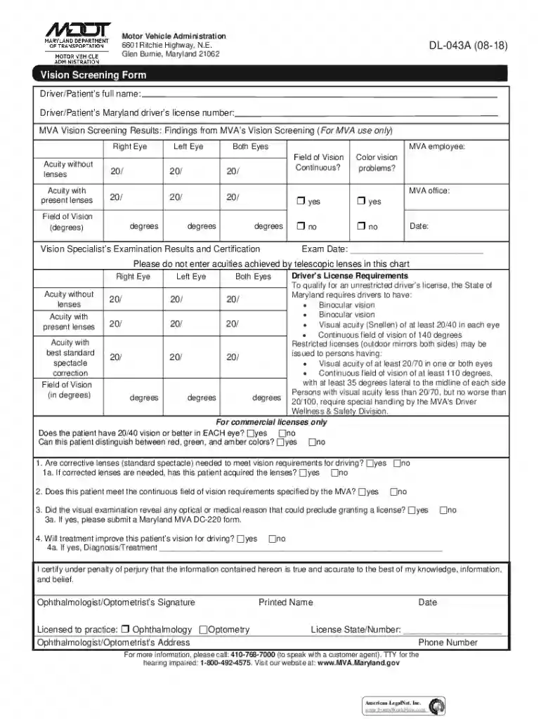 Maryland MVA Vision Screening Form Preview on Page 1