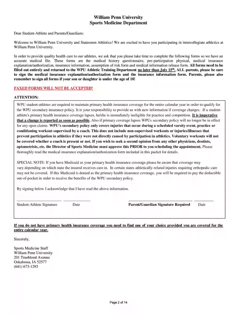 Sports Medicine Department Pre-Participation Physical Forms Preview on Page 1