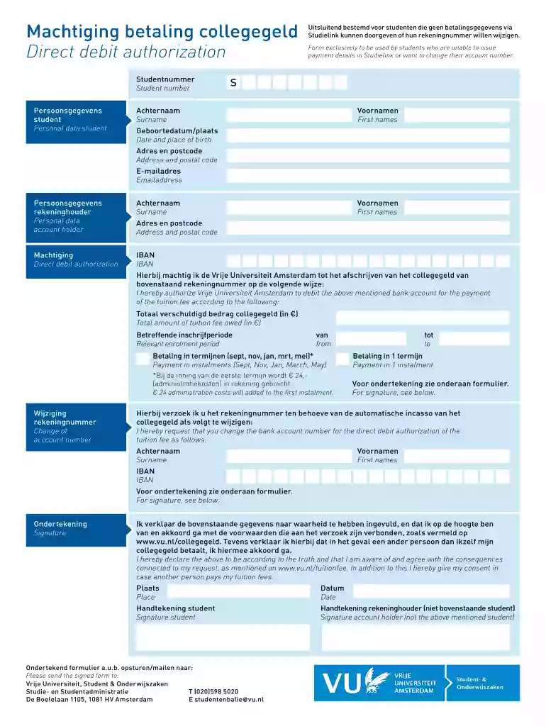 Machtiging betaling collegegeld Direct debit authorization - VU Preview on Page 1