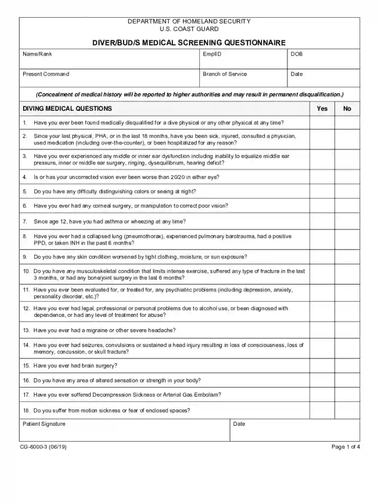 medical screening questionnaire Preview on Page 1