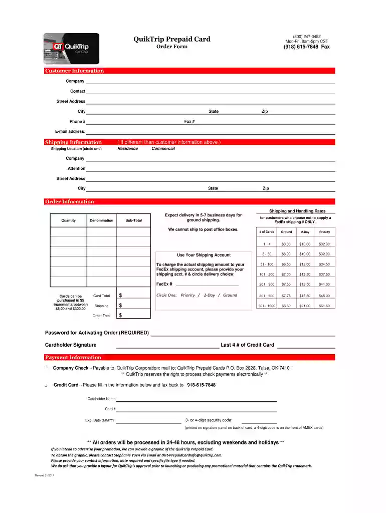 QuikTrip Prepaid Card Order Form Preview on Page 1