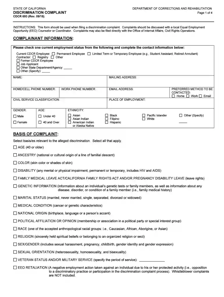 Discrimination Complaint Form (CDCR 693) Preview on Page 1