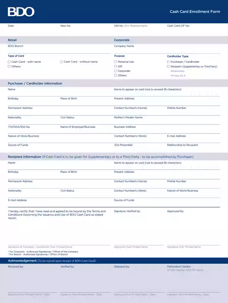 bdo cash card enrollment form Preview on Page 1
