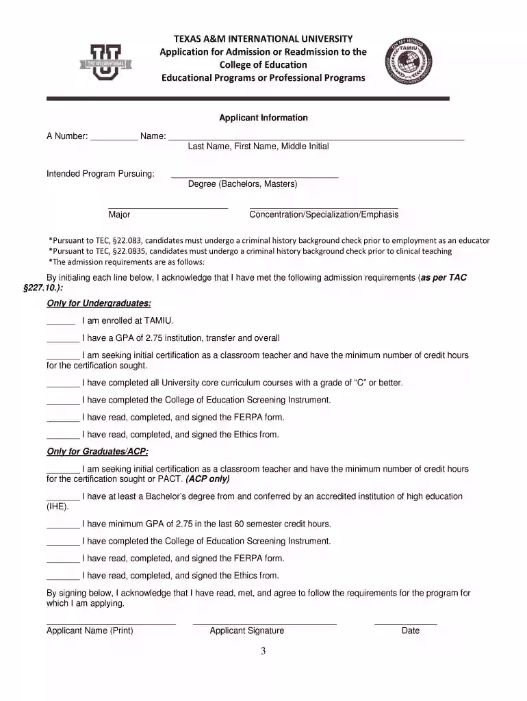 TEXAS A&M INTERNATIONAL UNIVERSITY Application for Preview on Page 1