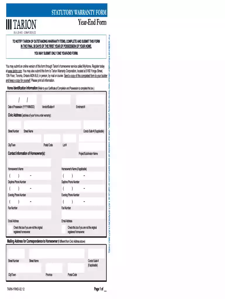 tarion year end form Preview on Page 1