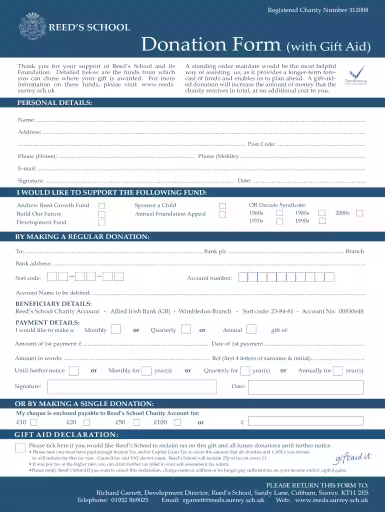Gift Aid Declaration - Reed's School Preview on Page 1