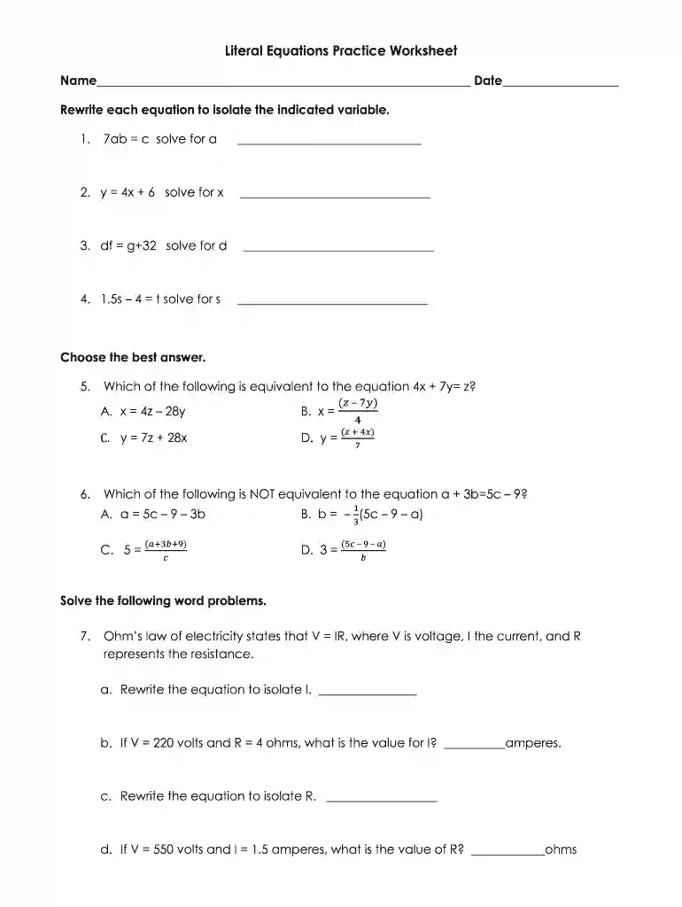 literal equations practice worksheet Preview on Page 1