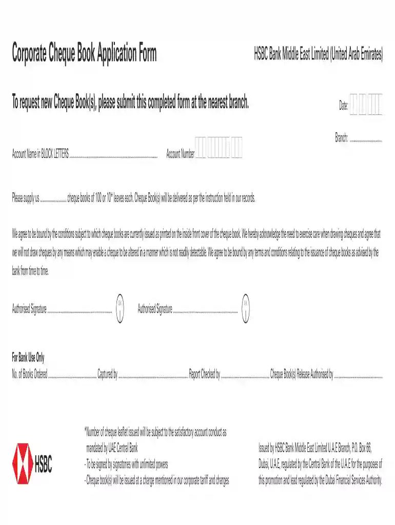 Corporate Cheque Book Application Form HSBC Bank Middle Preview on Page 1