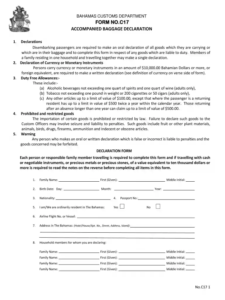 bahamas customs c17 form Preview on Page 1