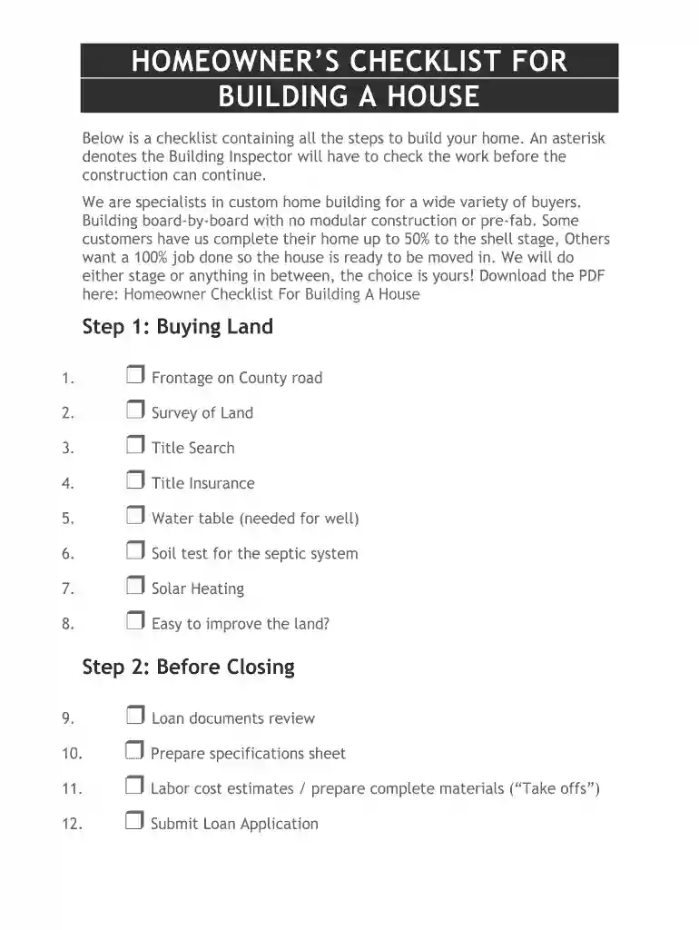 steps to building a house checklist Preview on Page 1