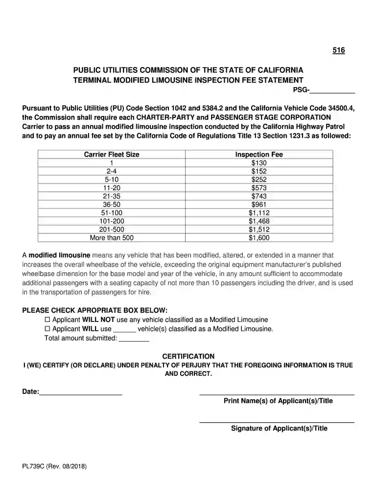 PL739-C Modified Limousine Inspection Fee Statement Preview on Page 1