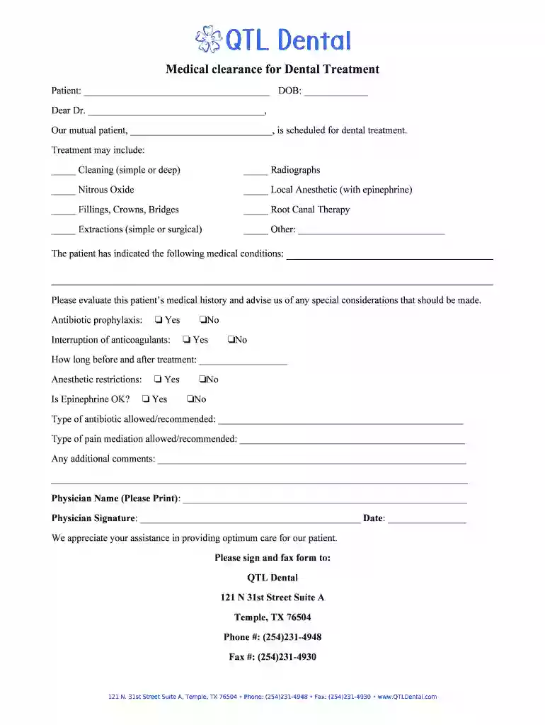 printable medical clearance form for dental treatment Preview on Page 1