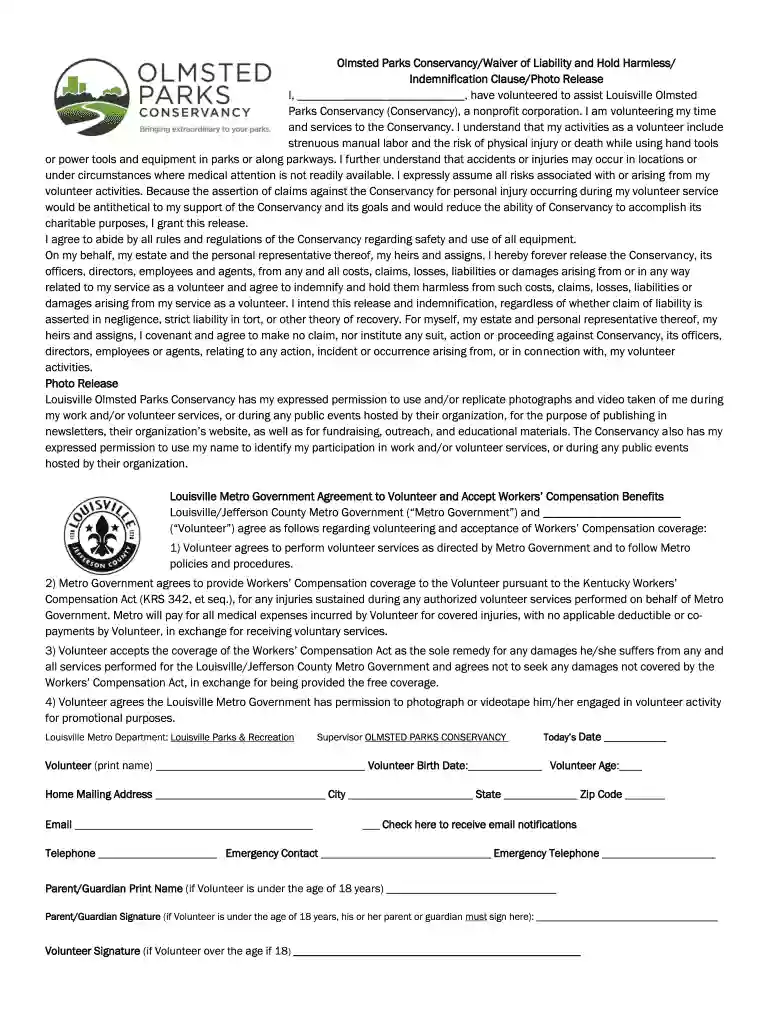 Olmsted Parks Conservancy Waiver of Liability and Hold Harmless Preview on Page 1