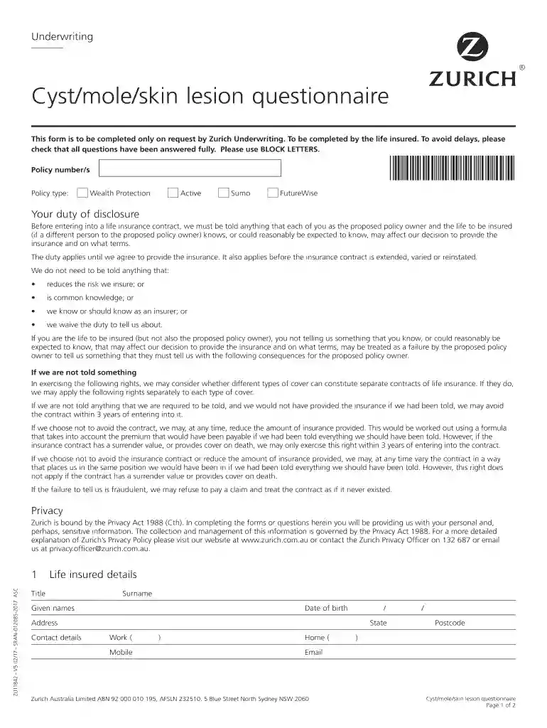 Cyst mole skin lesion questionnaire - Zurich Australia Preview on Page 1