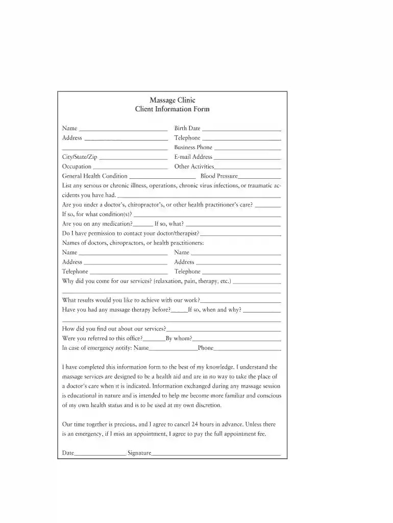 massage client intake form pdf Preview on Page 1