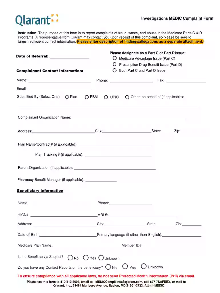 Investigations MEDIC Complaint Form Preview on Page 1