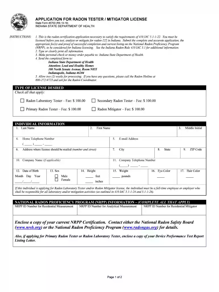 INDIANA STATE DEPARTMENT OF HEALTH APPLICATION Preview on Page 1