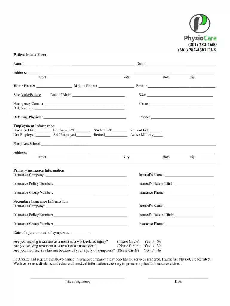 Function First Physical Therapy, P C Patient Intake Form Preview on Page 1