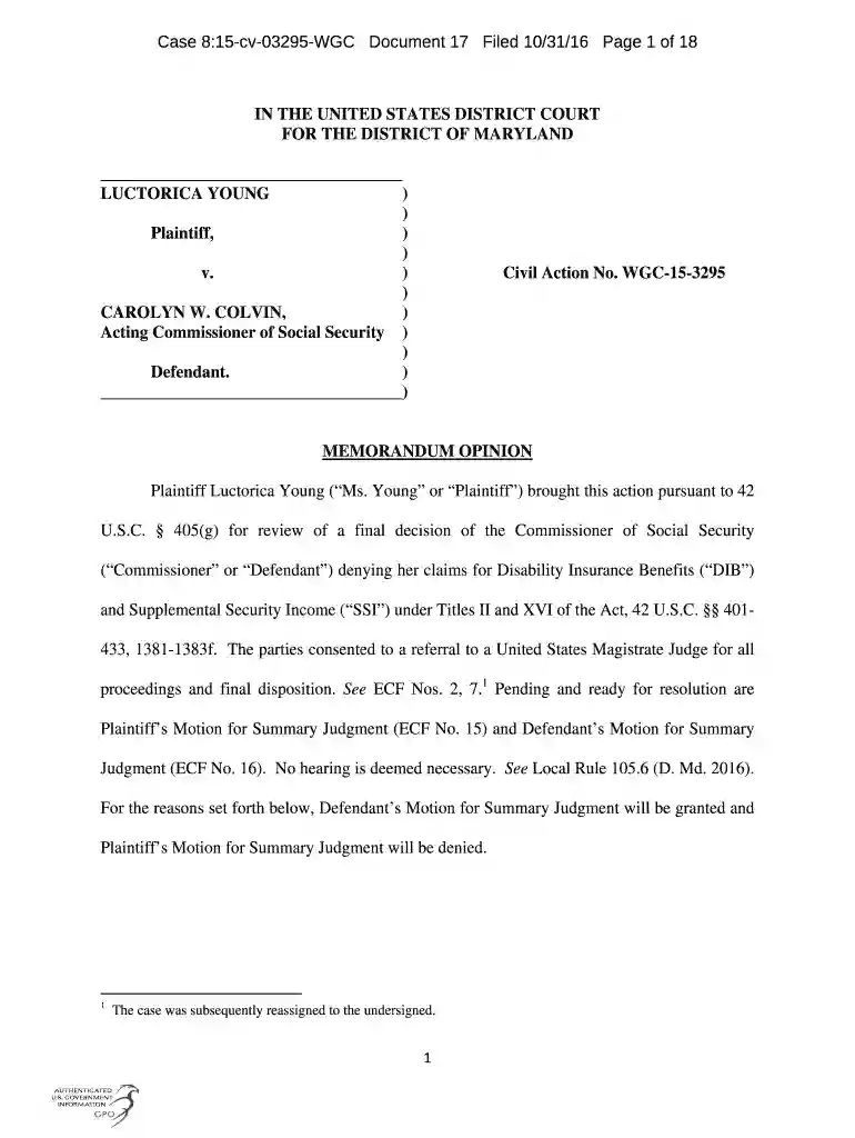 Case 8:15-cv-03295-WGC Document 17 Filed 10 31 16 Page 1 of 18 Preview on Page 1