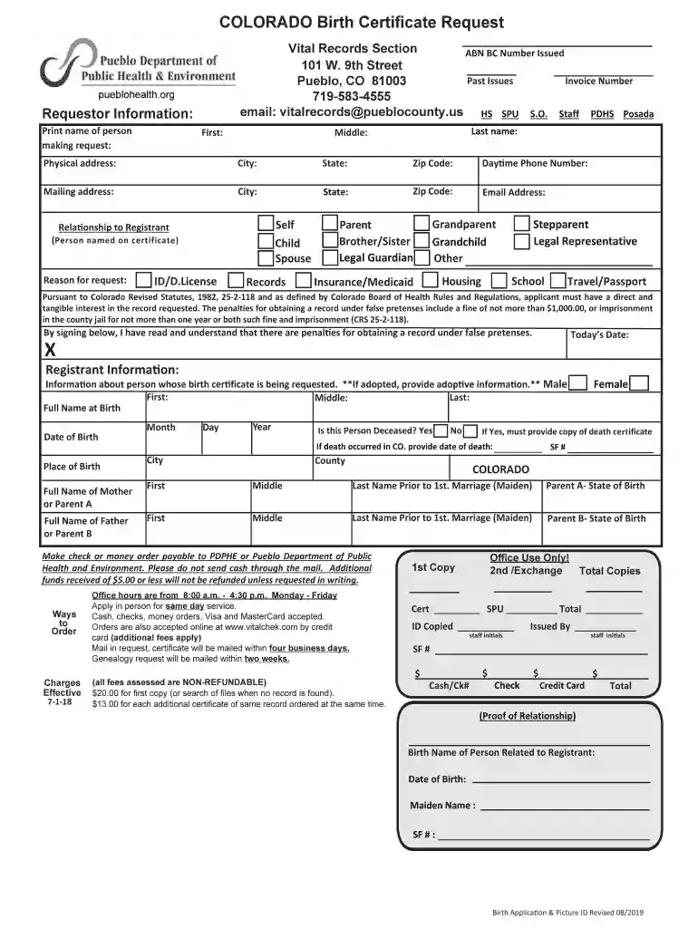Pueblo County (CO) Vital RecordsOrder Certificates Preview on Page 1