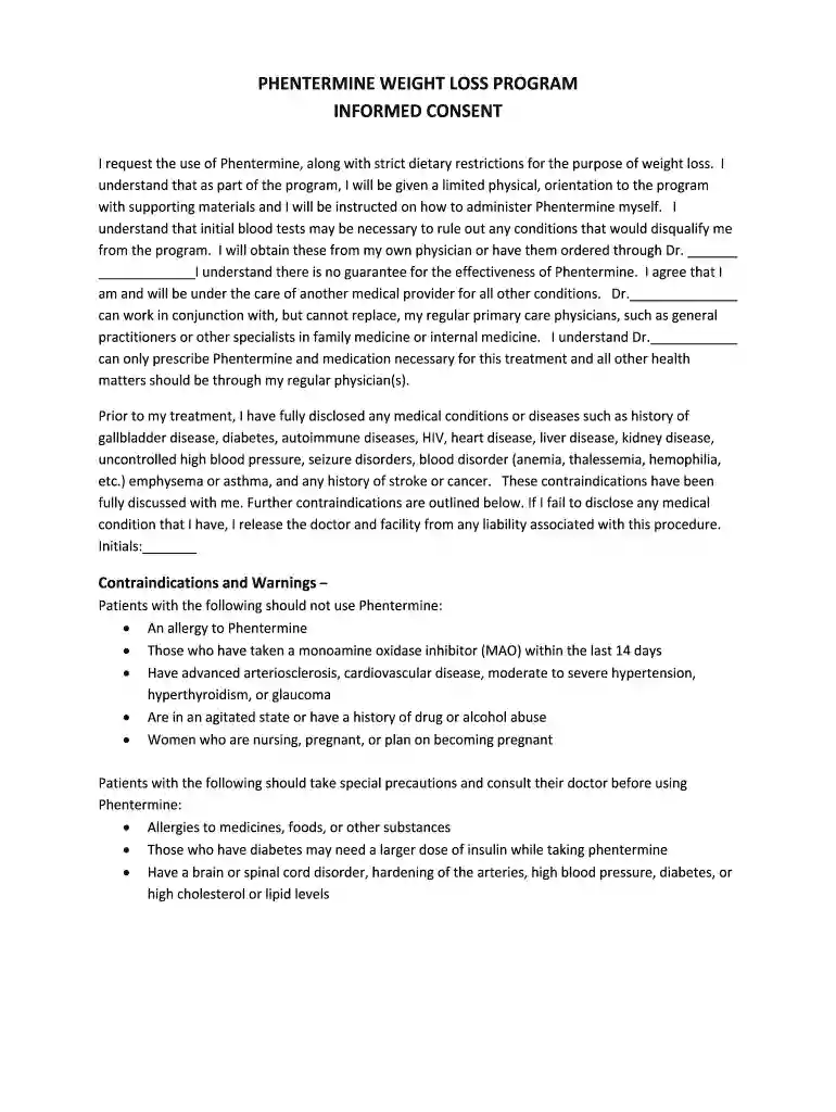 phentermine consent form Preview on Page 1