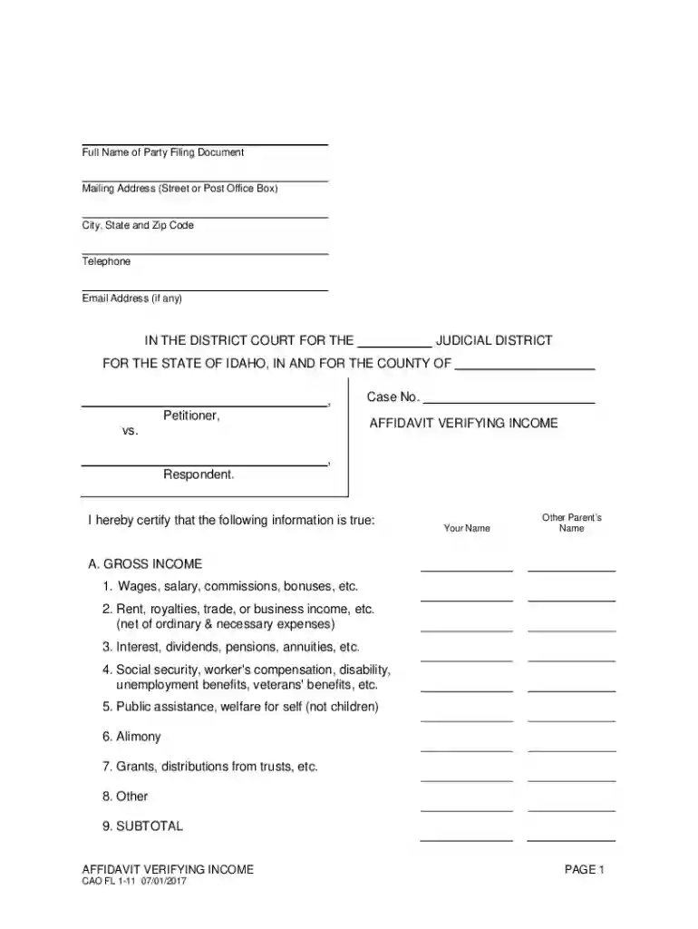 idaho affidavit verifying income Preview on Page 1