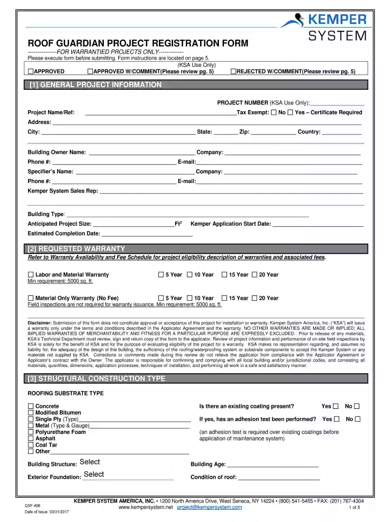 Kemper System America Project Approval and Warranty Statement Preview on Page 1